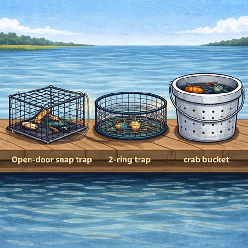 Crab traps, bucket, and gear