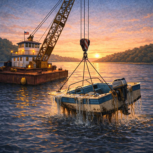 Crane lifts boat from river bottom