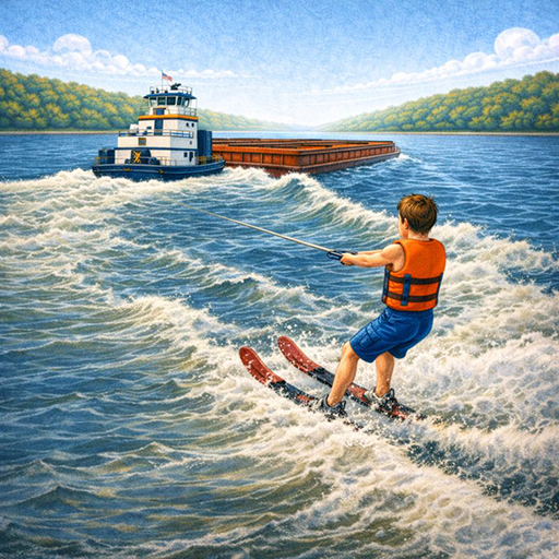 Skiing in the barges wake